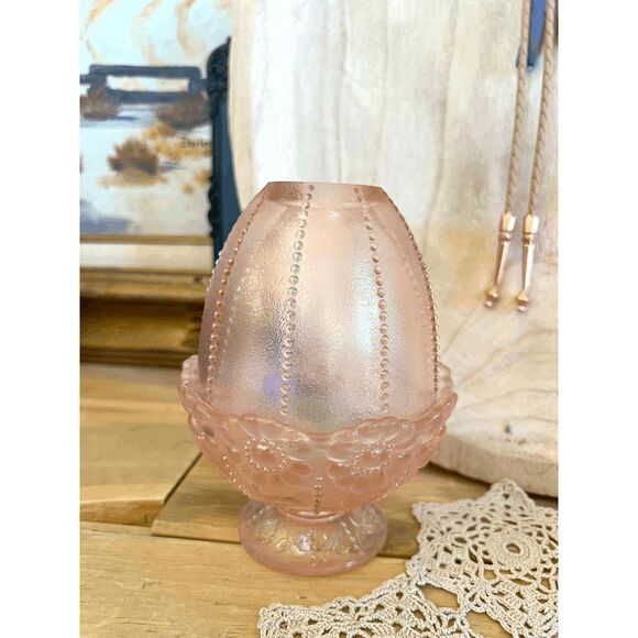 Vintage Fenton Daisy Beaded Rose Pink Glass Fairy Lamp - Picture 1 of 5